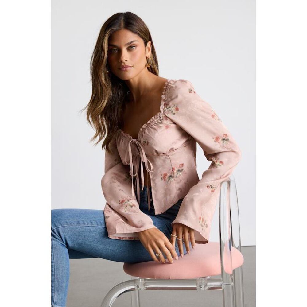 Lulus Bess Blush Pink Floral Satin Jacquard Tie-front Long Sleeve Top - Size M